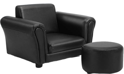 Costzon Kids Couch with Footstool, Children's Sofa w/ASTM & CPSIA w/PU Leather Surface, Mini Armrest Chair Lounge, Soft Kids Sofa for Preschool Bedroom Kids Room Toddlers Boys Girls Birthday (Black)