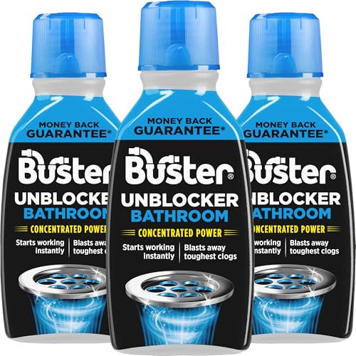 Buster Bathroom Drain Unblocker 300ml, Pack of 3 – Sink Unblocker Removes Hair & Sludge in Showers, Baths & Sinks. Fast-Acting Shower Drain Unblocker Clears Blockages & Slow-Draining Water