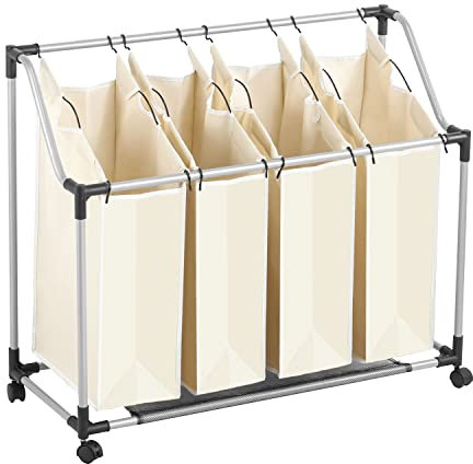 Ribelli Wäschekorb mit 4 Fächern, Wäschesammler mit Griffen & Rollen, Faltbarer Wäschesortierer, Abnehmbare Taschen, ca. 96 x 39 x 82 cm