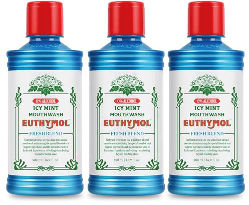 Euthymol Mouthwash Icy Mint 500ml X3, Mit Fluorid, Ohne Alkohol, Starker Geschmack, Reduziert Plaque, Reinigt Zähne & Zahnfleisch, Erfrischt Atem, Tägliche Mund- & Zahnpflege