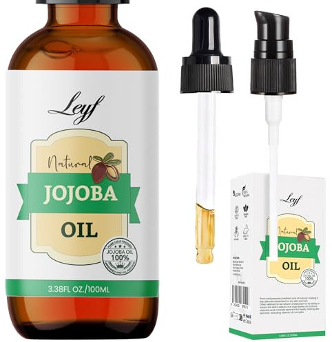 Leyf Bio Jojobaöl 100 ml, 100% Rein, Vegan, Körper, Haare, Gesicht, Nägel, Glasflasche + Glaspipette + Pumpe, Feuchtigkeitspflege, Futterspender, Körperöl Straffend