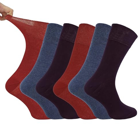 IOMI Footnurse - Mens 6 Pairs Cotton Non Elastic Diabetic Socks With Honeycomb Top (6-11, Burnt Orange/Blue/Burgundy)
