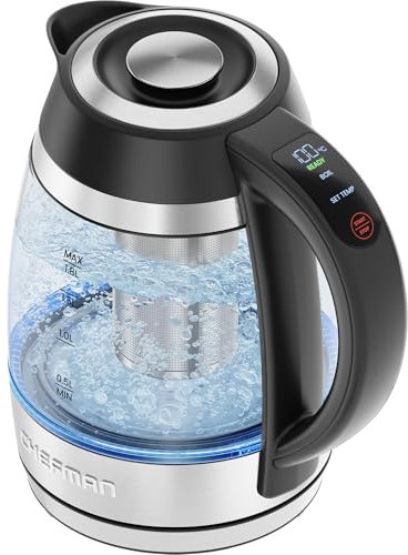 CHEFMAN Elektrischer Wasserkocher, 1.8L 2200W mit Tee-Ei, heißes Wasser in 3 Minuten, LED-Licht, automatische Abschaltung, Warmhaltefunktion, elektrischer Teekessel aus Borosilikatglas - Edelstahl