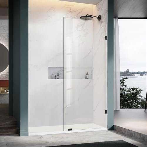 Bathroom Shower Glass Door 32 * 74 - 5/16(8mm) Thick Clear Tempered Glass Panel, Fixed Hinged Framless Shower Glass Door with Clamps, Matte Black