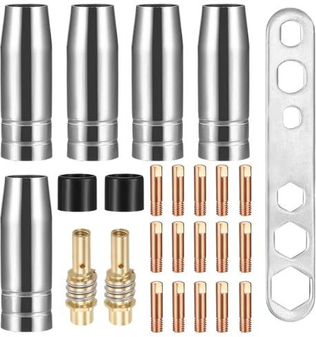 YUFFQOPC 25 Pcs Verschleißteile Set, Schweißzubehör Passend AK-15/MB-15 MIG, Schutzgasschweißgerät Zubehör,5 x Gasdüsen,15 x Powerdüsen M6 0,8 mm,2 x Düsenstiel,2 x Isolatoren, 1 x Schraubenschlüssel