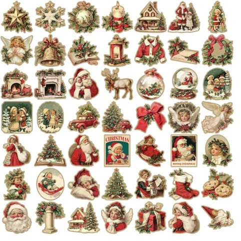 Weihnachtsaufkleber, 50 Stück Sticker Vintage, Selbstklebend Aufkleber für Papiertüten, Wasserfeste Aufkleber Für Tassen, Weihnachtsdekoration Für Fenster, Glas