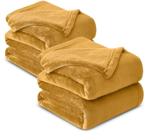 Hafaa Fleece Blanket King Size for Bed - Fluffy Throws for Sofas Couch 2 Pack - 400 GSM Soft Cosy Extra Large Warm Throw Blankets for Adults, Mustard, 230x270cm