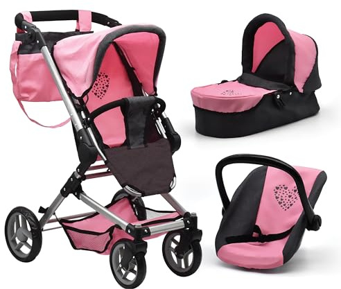 Baby Doll Convertible Stroller 3 in 1 Bassinet and Rear Facing Seat Buggy Foldable Toy Pram for Girls Toddlers Kids Swiveling Wheels Travel System Carriage Combo