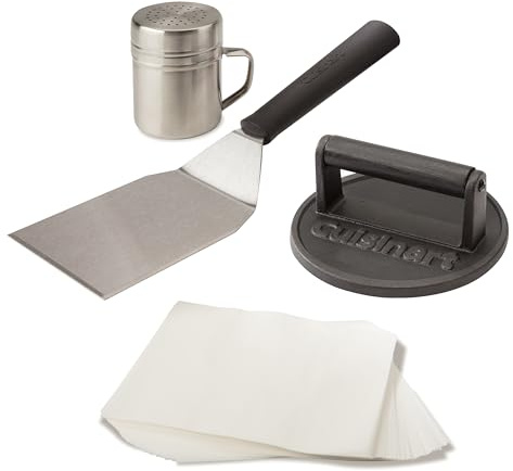 Cuisinart Prensa para Hamburguesas de Hierro Fundido 17 cm | Smash Burger con Espátula y Papeles Antiadhesivos | Prensa Pesada para BBQ, Plancha y Sartén