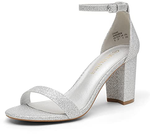 DREAM PAIRS Women's Chunk Low Heel Pump Sandals,Size 10,Silver/Glitter,CHUNK
