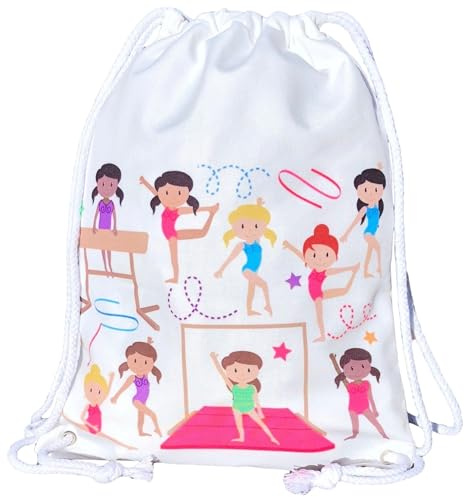 HECKBO Sacca per Bambine, Borsa per Danza, Cotone - Sfondo Bianco, Motivo con Ginnaste - Educazione Fisica, Asilo, Scuola Materna, Gita - Borsa da Ginnastica per Bambine - 40x32cm
