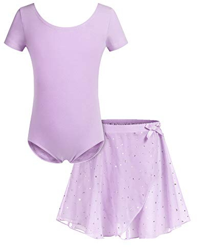 Bricnat Mädchen Ballettkleidung Ballettkleid Tanzbody Gymnastikanzug Balletttrikot Kurzarm Tanzkleid mit Tütü Kinder Baumwolle Violett 130