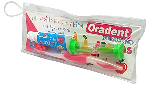Trousse de nettoyage dentaire pour enfants FORADYNO avec arôme de Fraise · Dentifrice Dentifrice Junior + Brosse à dents + Sablier · Comprend une trousse de toilette en plastique