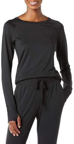 Amazon Essentials Women's Brushed Tech Stretch Long-Sleeve Crewneck Shirt (Available in Plus Size), Black, L