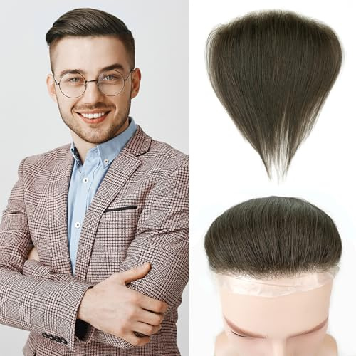 Lordhair Toupee for Men Frontal Hair Piece Human Hair System V-Shape Natural Hairline Replacement System 6 * 1.5 inch Hair Piece for Men Medium Dark Brown 4#