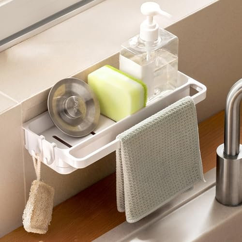 Porta Spugne Lavello Spugna Cucina Organizer con 2 Ganci e Adesivi Forti Cucina da Appendere Organizzatore per Porta Sotto Lavello da Cucina Cucina Portaspugna Accessori Portaspugne Dispenser Sapone