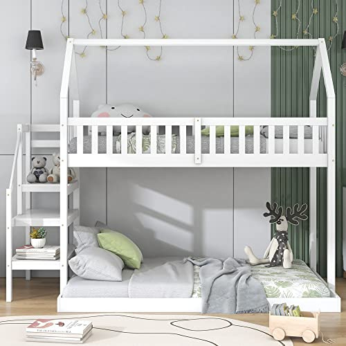 Idemon Litera, cama de casa con escalera, cuna con protección contra caídas y rejilla, marco de pino, blanco (90 x 200 cm)