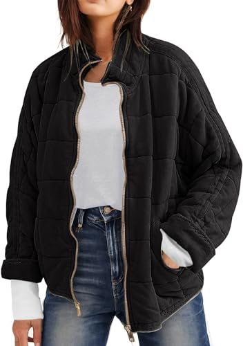 Wefebi Womens Dolman Quilted Lightweight Jackets Full-zip Stand Collar Loose Warm Winter Outwears with Pockets(0003-Black-S)