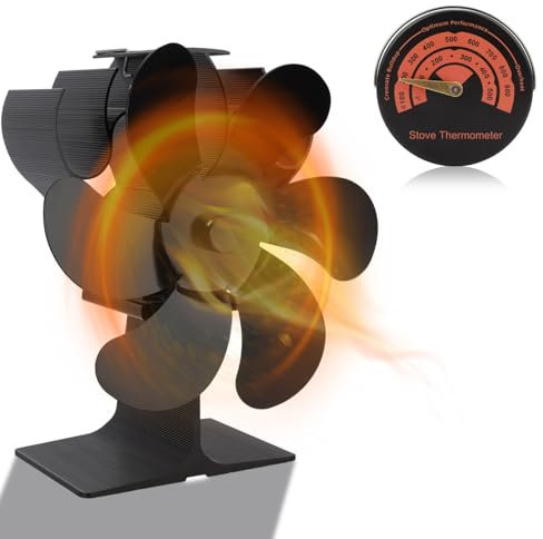 Wilitto Holzofen-Ventilator, wärmebetrieben, 6 Flügel, umweltfreundlich, thermoelektrischer Ventilator, nicht elektrisch, mit magnetischem Thermometer für Holzofen/Gas/Pellet/Holzscheit/Propan,