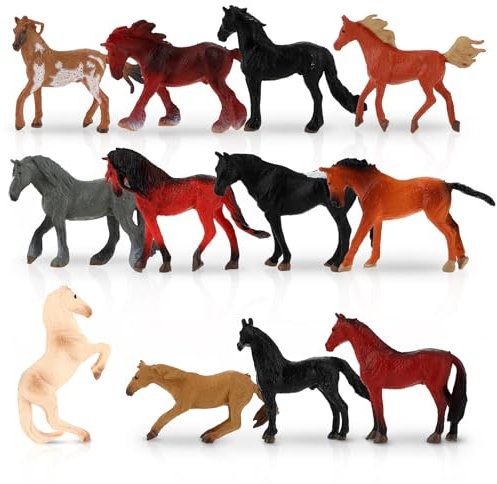 DSLSQD Set di 12 figure di cavallo, 3-7 cm, realistiche e dettagliate, in plastica, con puledro, set da gioco, topper per torte, regalo di Natale, compleanno, giocattolo educativo per ragazzi e