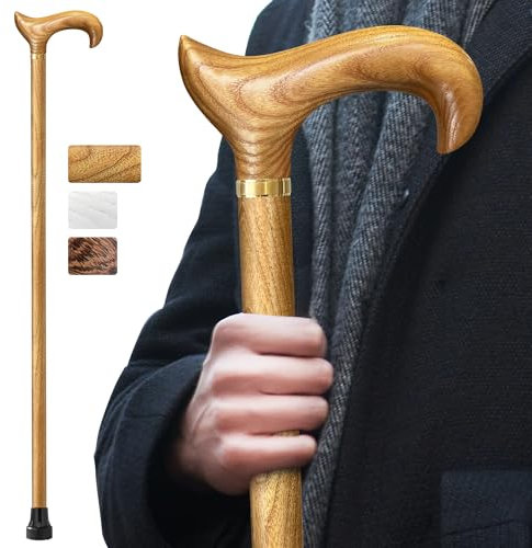 ispuoocti Handgefertigter Gehstock Holz Damen und Herren, mit 226 kg Belastbarkeit Gehstöcke Für Senioren,Ergonomische Derby-High-End-Gehstöcke aus Natürlichem Massivholz (Eschen-holzfarbe)