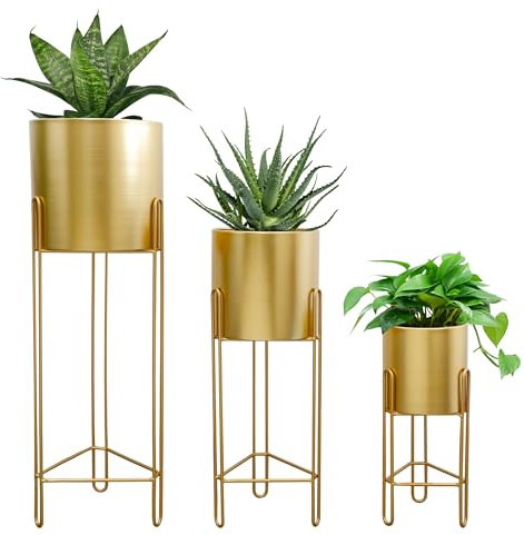 TRIROCKS 3er-Set Pflanzgefäße mit Ständer Moderne Blumentöpfe für Zimmerpflanzen 73 & 55 & 30 cm Hoch Outdoor für Wohnzimmer Küche Büro Garten Balkon Terrasse Dekoration (Gold)