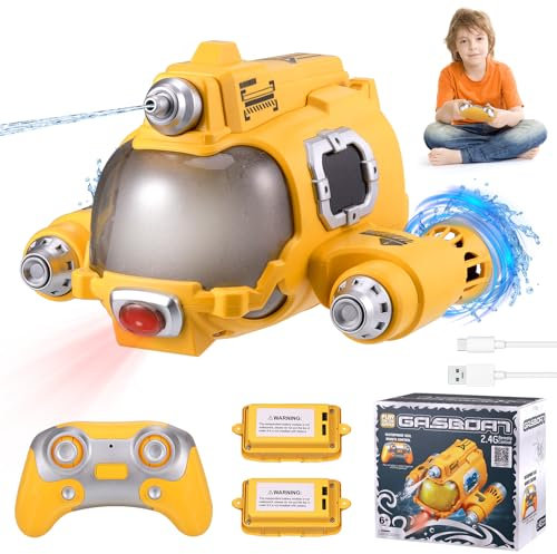Wyxron Ferngesteuertes Boot mit 2×500mAh Batterien, 2,4-GHz RC Boot mit Wasserspritzfunktion, Sprühnebel, Licht und 360° Rotation, Sommer Besprühtes Spielzeug für Kinder Wasser-Party Geschenk (Gelb)