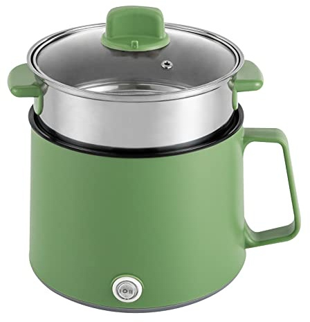 Olla antiadherente portátil doble de 1,7 l, multicocina eléctrica con doble potencia con 300/600 W, olla portátil antiadherente con vaporizador de acero inoxidable para Stir Fry, filete, pasta, 17 x