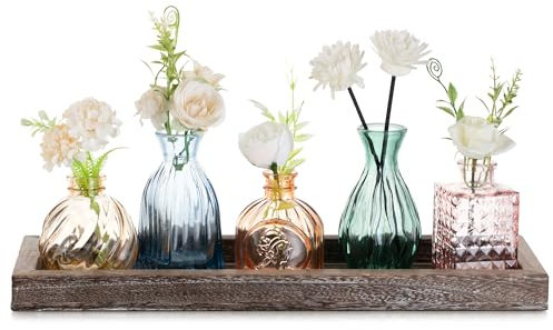 Glasseam Small Vase Glass for Home: 5 Colourful Bud Vases with Wooden Tray for Living Room Office Dining Table Centrepiece - Classy Flower Vases Set for Birthday Anniversary Housewarming Wedding Gifts