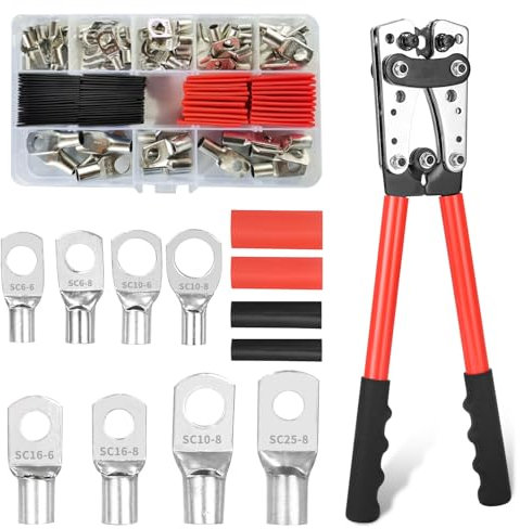Batteriekabelschuh Crimpzange 6/10/16/25/35/50 mm² Groß Crimpzange 10–1/0 AWG Kabelschuh Zange mit 8 Größen 60 PCS Kupferringklemmen + 60 PCS Schrumpfschlauch，Rot