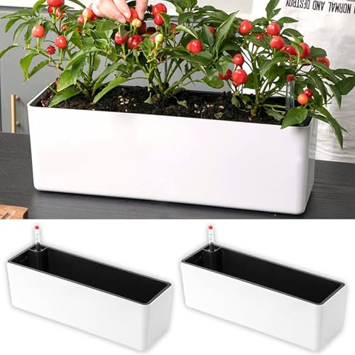 LaLaGreen planteringslåda för inomhusväxter (40,6 cm, 2-pack) vit rektangulär självvattnande blomkruka, stora fönsterlådor med dränering dekorativ modern balkong fönsterbräda örter hem trädgård