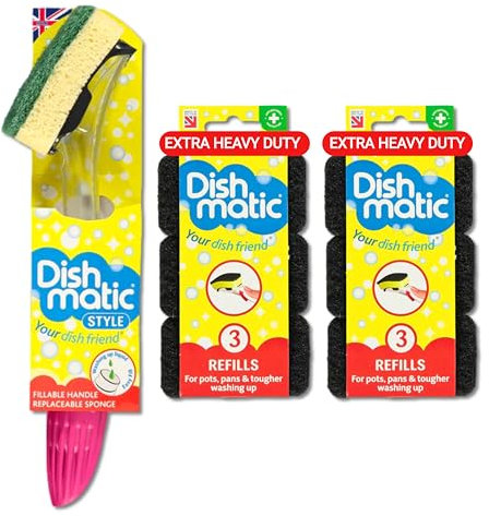 Washing Up Sponges Soap Dispensing Magic Handle, Super Scrubbing Kitchen Cleaner Flash Scourer Bathroom Scrub Sponge Scraper Refill (Bundle by FREYPAC) (Handle plus 7 Heavy Duty Sponge Refills)