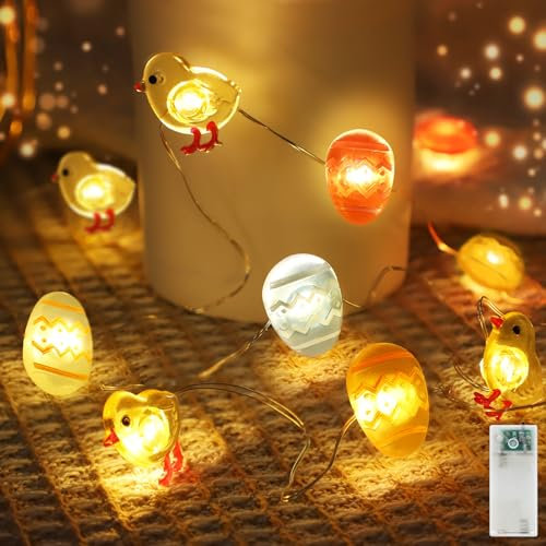 AGOTD Catena di luci di Pasqua, 20 micro LED, per pulcini, uova di Pasqua, con timer, luce bianca calda, decorazione pasquale per interni ed esterni, decorazione da tavolo, cestino pasquale