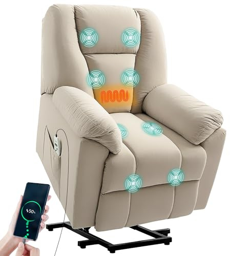 HOMCOM Fauteuil releveur électrique avec fonction massage et chauffage, fauteuil relax électrique en velours, dossier inclinable, ports USB, télécommande, fauteuil relaxant pour personnes âgées, beige