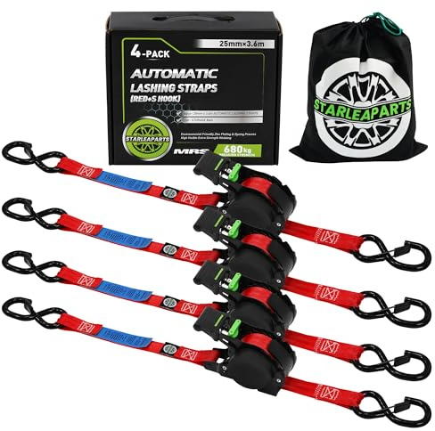 StarLeaparts Lot de 4 Sangles à cliquet rétractables, 680KG de résistance à la Rupture, 3.6m 25mm d'arrimage à rétraction Automatique, Sangles a Cliquet Automatique pour Moto, Kayak et Camion, Rouge
