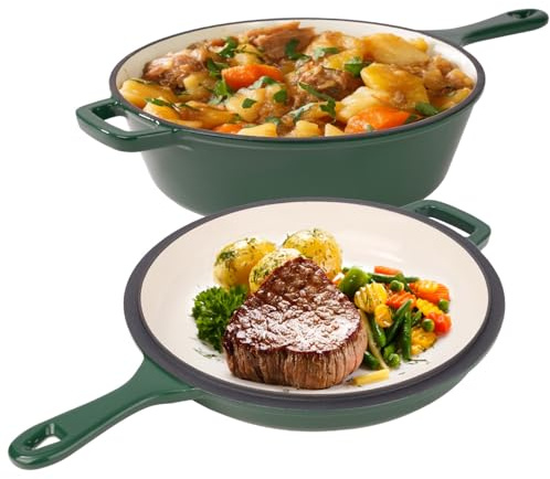 2 in 1 Dutch Oven & Skillet Combo, 3QT Enameled Cast Iron Dutch Oven Pot with 1.5QT Skillet Lid, Versatile Pots for Braising, Casseroles and Slow Cooking, Works on All Stovetops(Green)