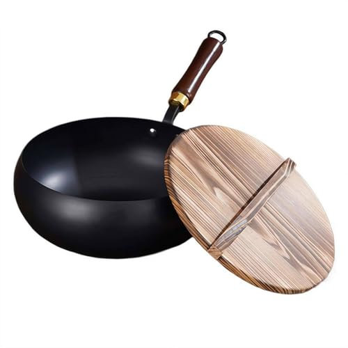 Japanische Eisenpfanne, unbeschichtete Eisenpfanne mit Holzdeckel und Griff, japanische handgeschmiedete antihaftbeschichtete Eisenpfanne, für Induktion, Elektro, Gas, alle Herdarten (glatt, 20 cm)