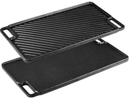 Cast Iron Griddle Pan, Double-Sided Non-Stick Pre-Seasoned BBQ Grill Pan for Gas, Electric, Induction & Oven Safe - 46x26cm Rectangular with Flat & Ridged Surfaces