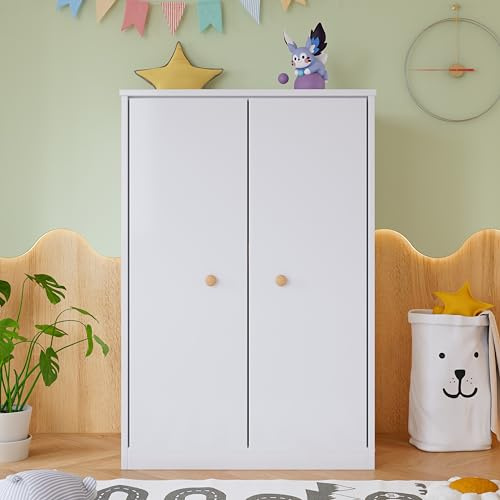 Armario pequeño con barra, armario de 2 puertas, dormitorio, sala de estar, armario infantil, MDF, color blanco