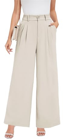 Oyamiki Palazzo, pantaloni da donna casual, in tessuto, a vita alta, leggeri, eleganti, da lavoro, a gamba larga, con elastico, Beige-petite, L petite