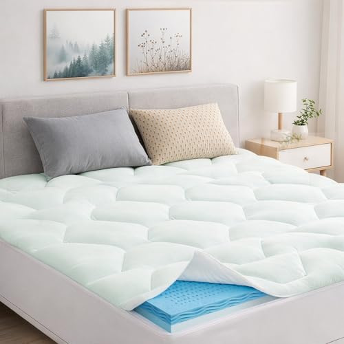GreenWhim Double Memory Foam Mattress Topper with Cooling Gel, Breathable Mattress Pad with Extra Deep Pocket, Soft Supportive Mattress Cover 135×190×3cm, White