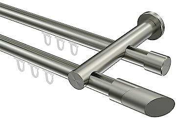 INTERDECO Innenlauf-Gardinenstange 20 mm 2-läufig, moderne Innenlaufstange aus Metall, Edelstahl-Optik, zur Wandmontage, Typ 10213412, 180 cm