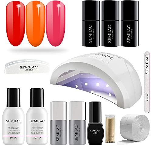 Semilac Love Me Gel-Nagel-Starter-Set Kit mit UV 24/48W Nagellampe, 3 Soak Off Gel Polish Farben, (Neon) Maniküre-Werkzeuge, Top No Wipe & Extend Base Coat, Top Mat, Remover, Cleaner & More
