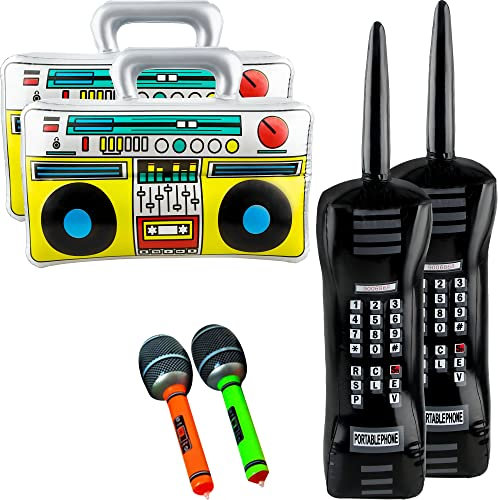 Trounistro 6 Pack Inflatable Radio Boombox Inflatable Mobile Phone Blow up Microphones for 80s 90s Party Decorations Hip Hop Theme Birthdays Party Supplies