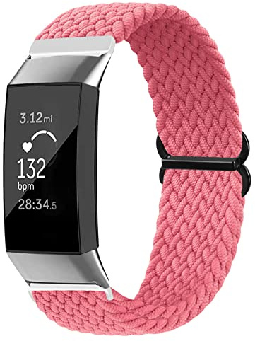 Vozehui Elastiska armband, kompatibla med Fitbit Charge 3/Charge 4, justerbara ersättningsklockband i mjuk nylon, ventilerande mjukt nylonband, flätat solospänne för 3/4 laddning för dam herr
