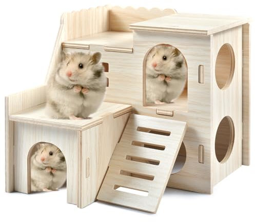 FGen Hamsterhaus aus Holz mit 2 Etagen - Nagetierhaus für Zwerghamster, Rennmäuse, Degus | Natürliches Hamsterschloss mit Schlafplatz & Spielbereich (15.5x14x14.5cm)