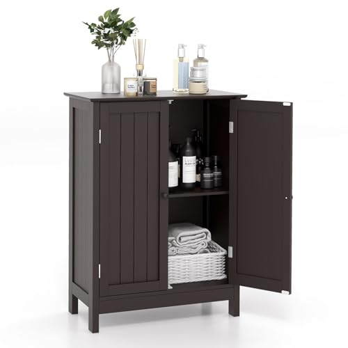 COSTWAY Bathroom Storage Cabinet, Freestanding Bathroom Organizers and Storage with Doors & Adjustable Shelf, Wooden Floor Cabinet for Home, Living Room, Entryway, Kitchen (Brown)