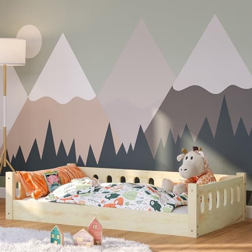 Bellabino Bodenbett Miera 80x160 cm, Montessori Kinderbett Natur lackiert, Bett für Kinder inkl. Rausfallschutz und Rolllattenrost mit offener Seite aus Birke Sperrholz