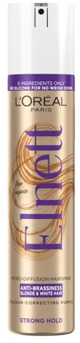 L'Oréal Paris Elnett Hair Spray, Anti-Brassiness With Up to 72H Hold, Neutralise Unwanted Yellow Tones, Frizz Protection, For Blonde & White Hair, 200ml