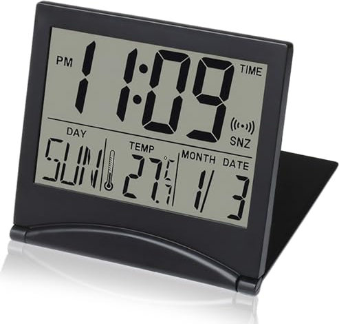 Hocklliy Travel Clock Travel Alarm Clock Small Digital Clock Foldable Travel Alarm Clocks Battery Operated with Date Day Temperature Display,Battery Alarm Clocks Bedside(Black)